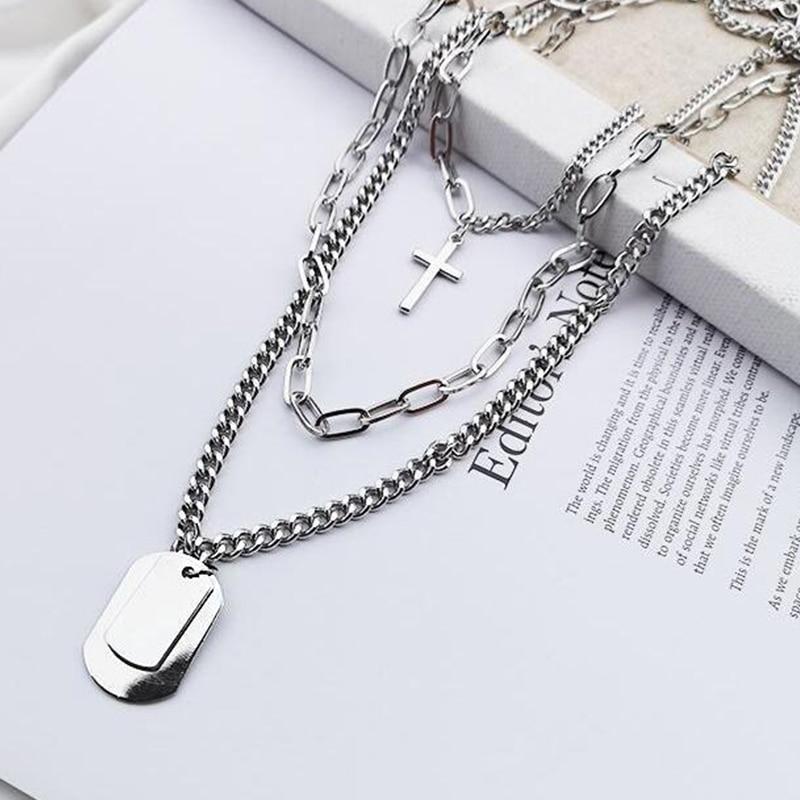 Multi-Chain Silver Necklace with Cross and Dog Tag Pendants-Necklaces-Innovato Design-Innovato Design