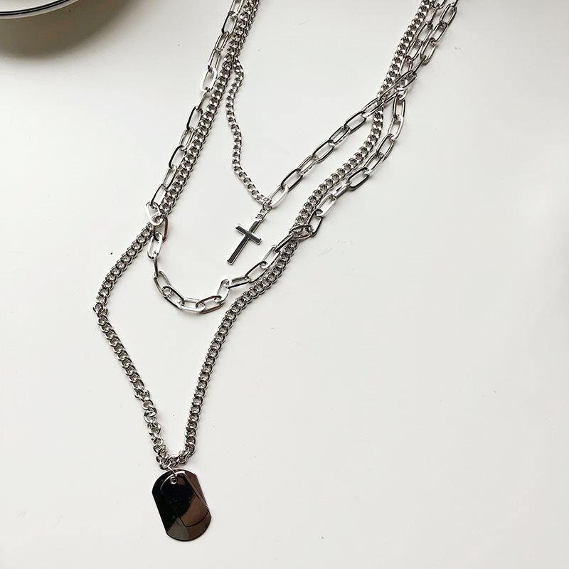 Multi-Chain Silver Necklace with Cross and Dog Tag Pendants-Necklaces-Innovato Design-Innovato Design