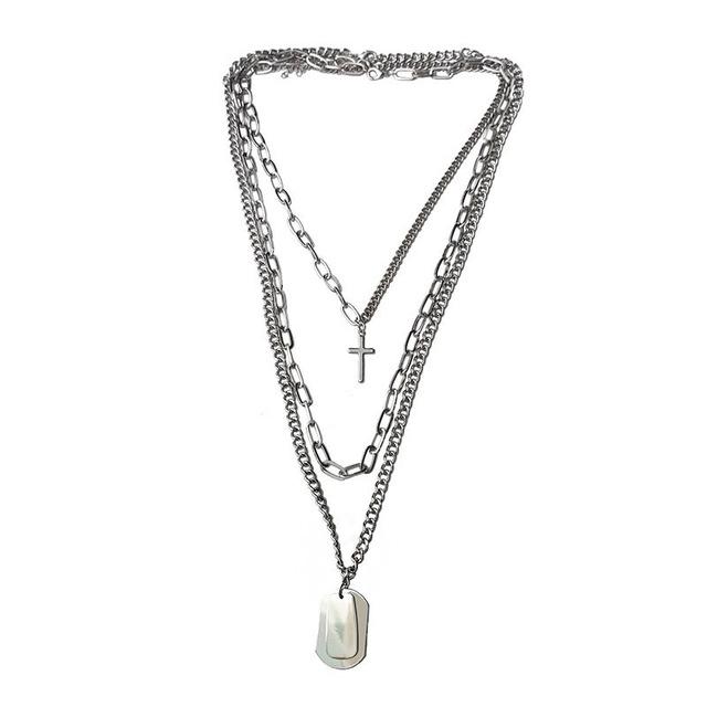 Multi-Chain Silver Necklace with Cross and Dog Tag Pendants-Necklaces-Innovato Design-Innovato Design