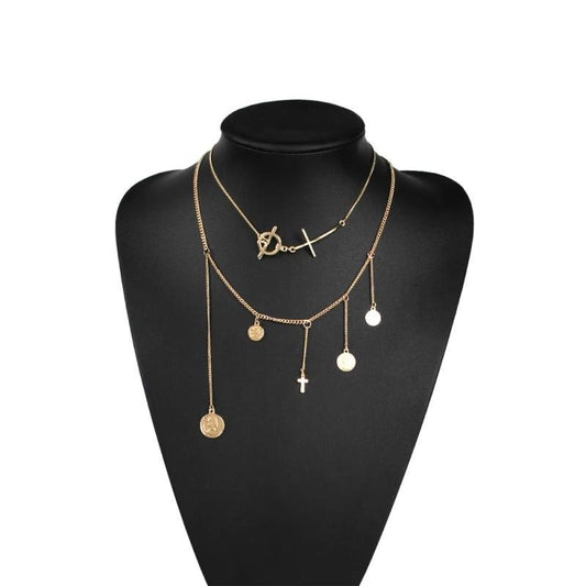 2 Piece Gold Chain Necklace with a Cross and Coin Pendants-Necklaces-Innovato Design-Innovato Design