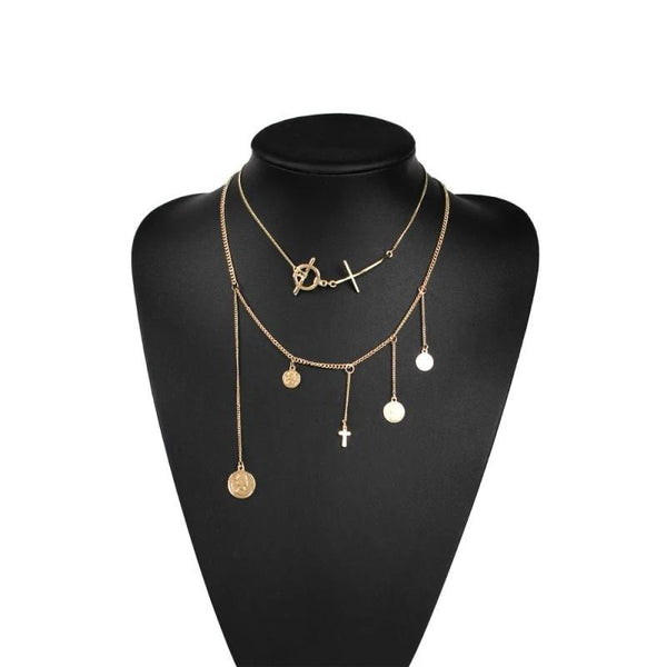 2 Piece Gold Chain Necklace with a Cross and Coin Pendants - InnovatoDesign