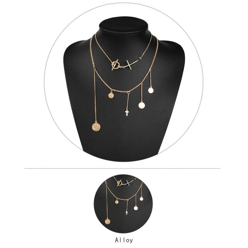 2 Piece Gold Chain Necklace with a Cross and Coin Pendants-Necklaces-Innovato Design-Innovato Design