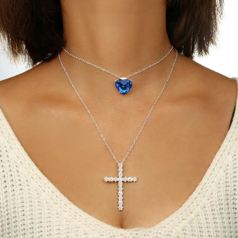2-Layer Silver Chain Necklace with Sapphire Gem and Cubic Zirconia Cross-Necklaces-Innovato Design-Innovato Design