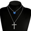 2-Layer Silver Chain Necklace with Sapphire Gem and Cubic Zirconia Cross-Necklaces-Innovato Design-Innovato Design