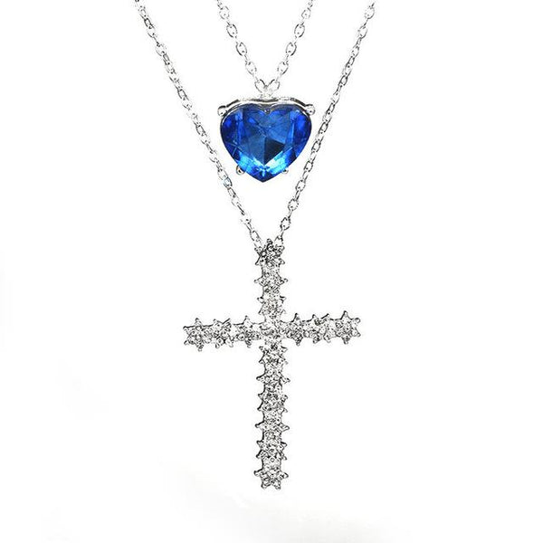 2-Layer Silver Chain Necklace with Sapphire Gem and Cubic Zirconia Cross-Necklaces-Innovato Design-Innovato Design