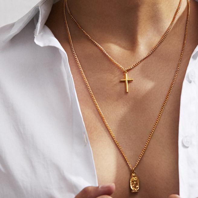 Cross and Mary Pendant on 2-Layer Chain Link Necklace-Necklaces-Innovato Design-Alfa-Innovato Design