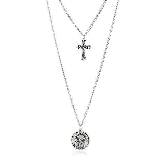 Cross and Mary Pendant on 2-Layer Chain Link Necklace-Necklaces-Innovato Design-Beta-Innovato Design