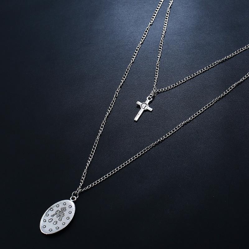 Cross and Mary Pendant on 2-Layer Chain Link Necklace-Necklaces-Innovato Design-Alfa-Innovato Design