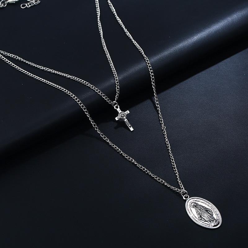Cross and Mary Pendant on 2-Layer Chain Link Necklace-Necklaces-Innovato Design-Alfa-Innovato Design