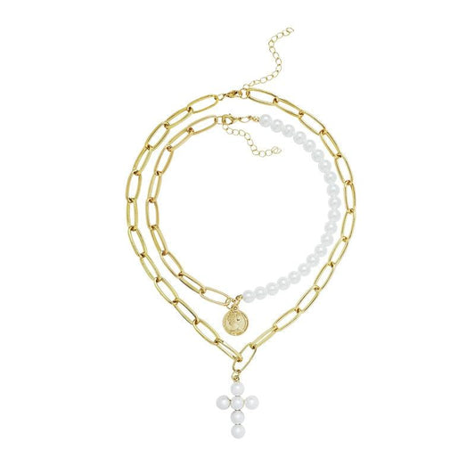 2-Piece Gold Chain Necklace with Pearls and Cross Pendant-Necklaces-Innovato Design-Innovato Design