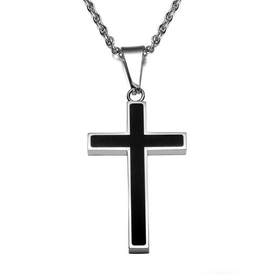 Silver Cross Pendant Necklace with Black Carbon Fiber Inlay-Necklaces-Innovato Design-Innovato Design