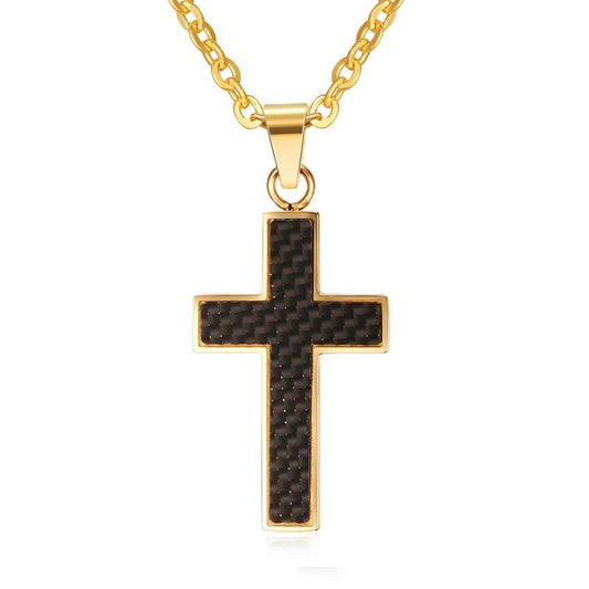 Golden Cross Pendant Necklace with Black Carbon Fiber Inlay Material-Necklaces-Innovato Design-20-Innovato Design