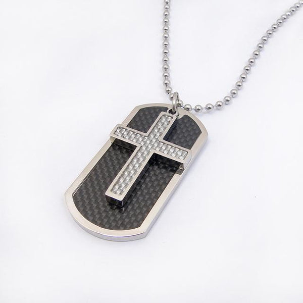Silver Dog Tag and Cross Pendants with Carbon Fiber Enamel Inlay - InnovatoDesign