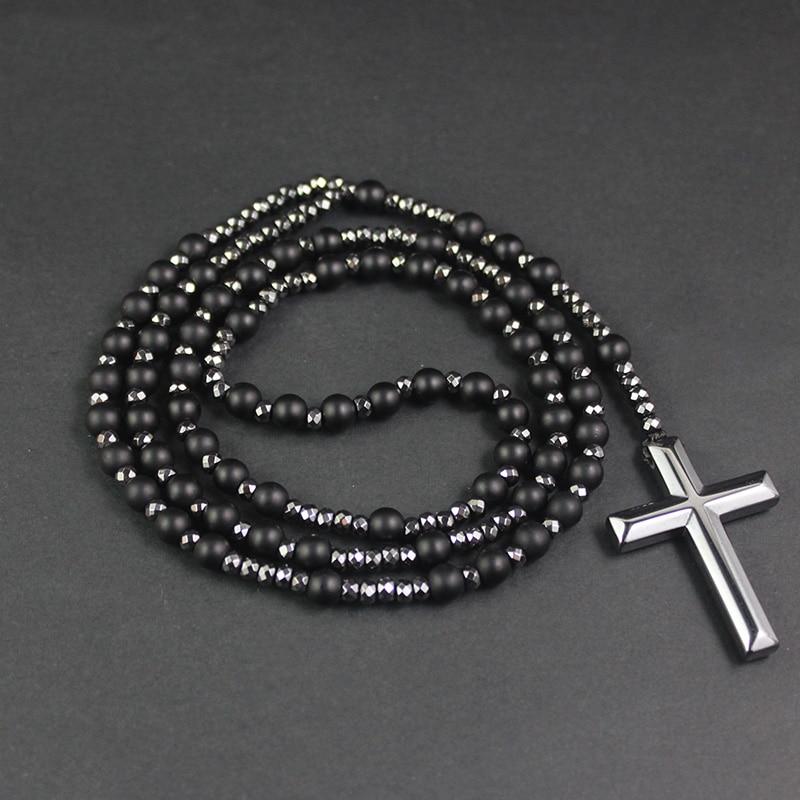 Polished Hematite Stone Rosary with Polished Black Cross Pendant Necklace-Necklaces-Innovato Design-Innovato Design