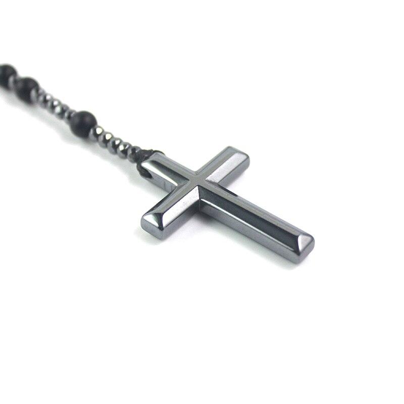 Polished Hematite Stone Rosary with Polished Black Cross Pendant Necklace-Necklaces-Innovato Design-Innovato Design