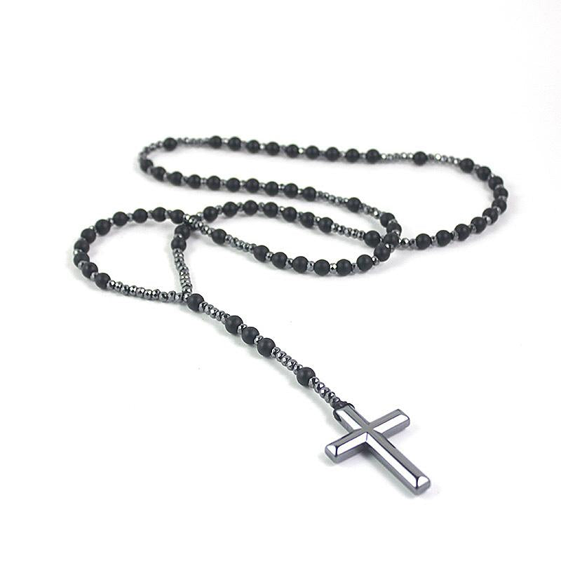 Polished Hematite Stone Rosary with Polished Black Cross Pendant Necklace-Necklaces-Innovato Design-Innovato Design