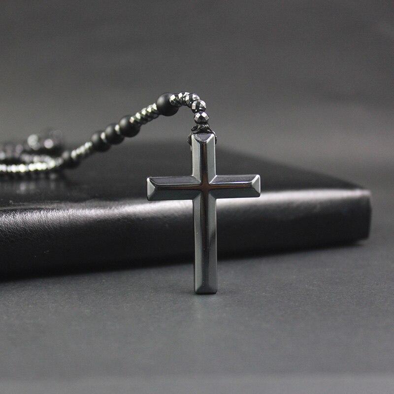 Polished Hematite Stone Rosary with Polished Black Cross Pendant Necklace-Necklaces-Innovato Design-Innovato Design