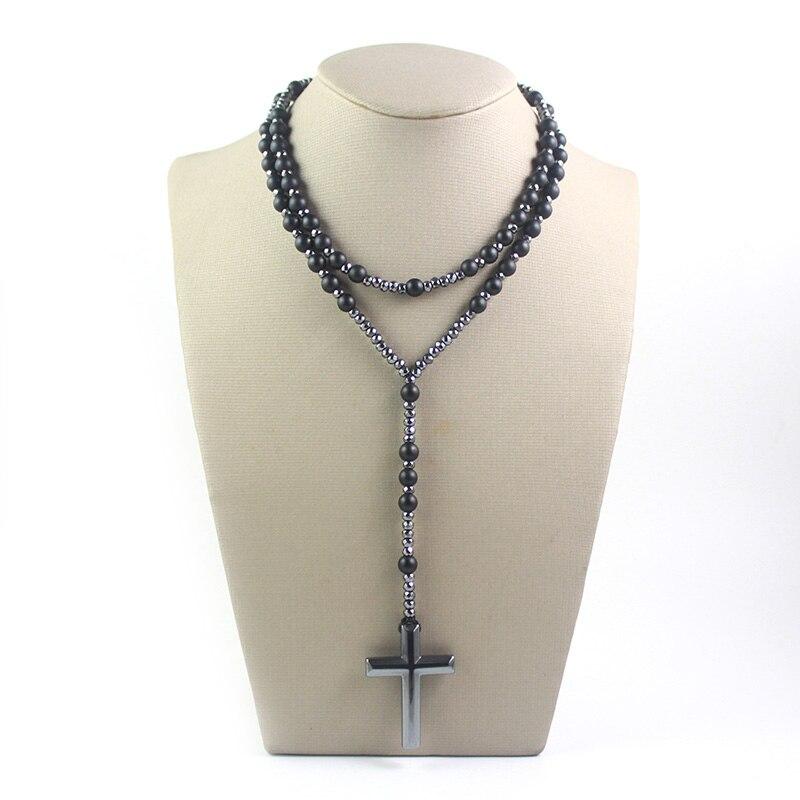 Polished Hematite Stone Rosary with Polished Black Cross Pendant Necklace-Necklaces-Innovato Design-Innovato Design