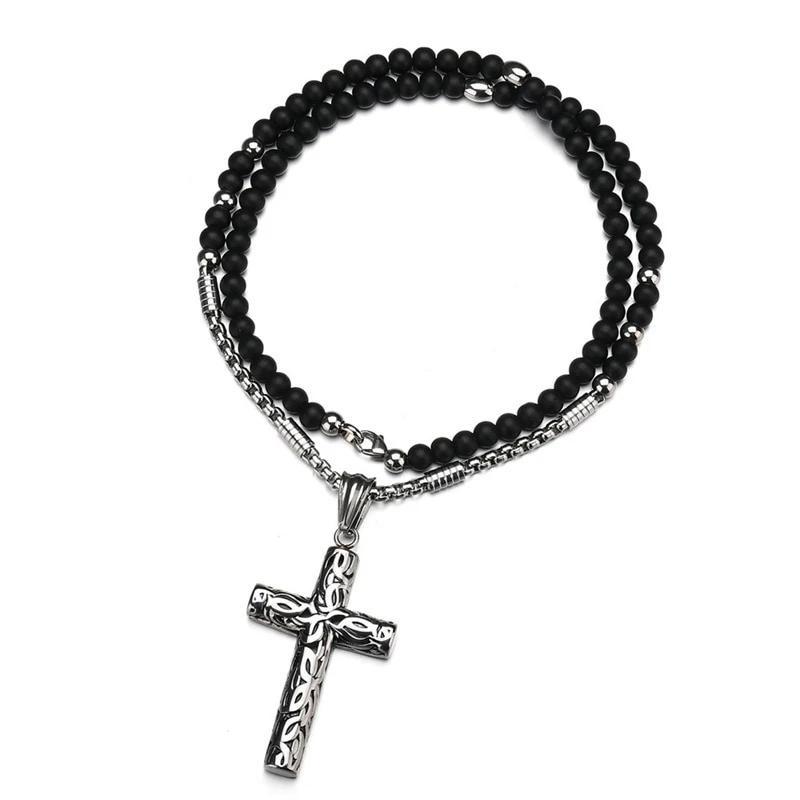 Silver Cross Pendant with Black Hematite Stone Bead Necklace-Necklaces-Innovato Design-Innovato Design