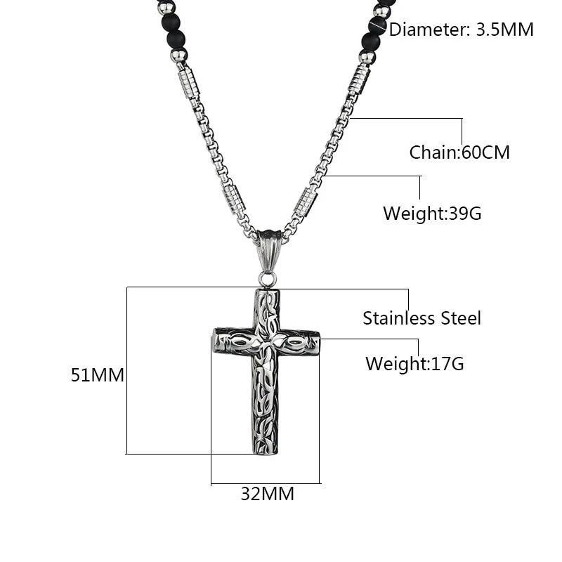 Silver Cross Pendant with Black Hematite Stone Bead Necklace-Necklaces-Innovato Design-Innovato Design