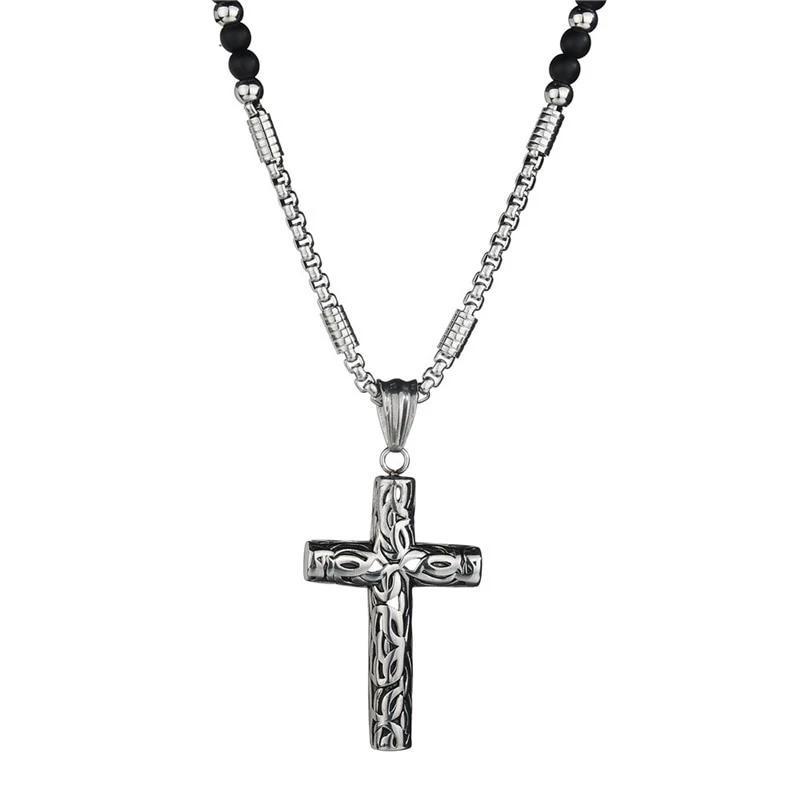 Silver Cross Pendant with Black Hematite Stone Bead Necklace-Necklaces-Innovato Design-Innovato Design