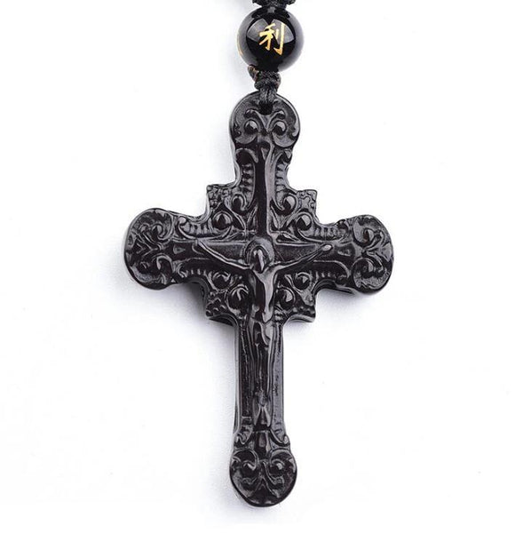 Black Obsidian Crucifix Pendant and Beaded Necklace - InnovatoDesign