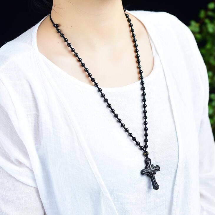 Black Obsidian Crucifix Pendant and Beaded Necklace-Necklaces-Innovato Design-Innovato Design