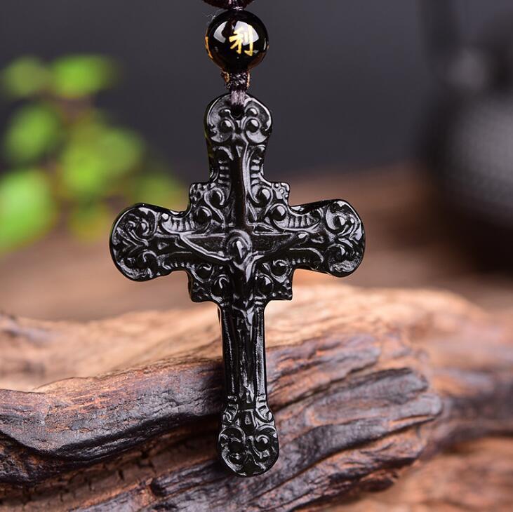 Black Obsidian Crucifix Pendant and Beaded Necklace-Necklaces-Innovato Design-Innovato Design