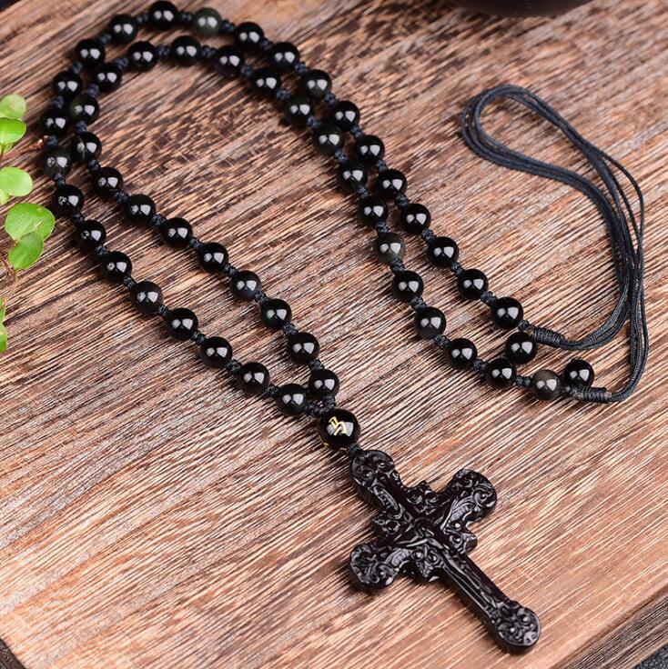 Black Obsidian Crucifix Pendant and Beaded Necklace-Necklaces-Innovato Design-Innovato Design