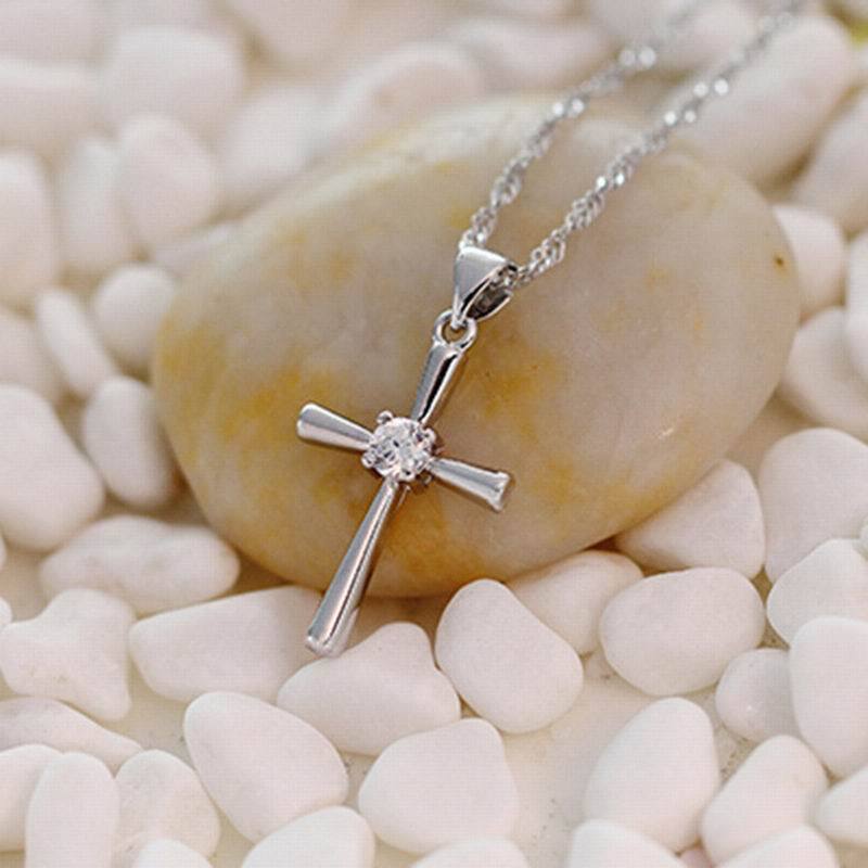 Smooth Silver Catholic Cross Pendant with Cubic Zirconia Crystal-Necklaces-Innovato Design-Innovato Design