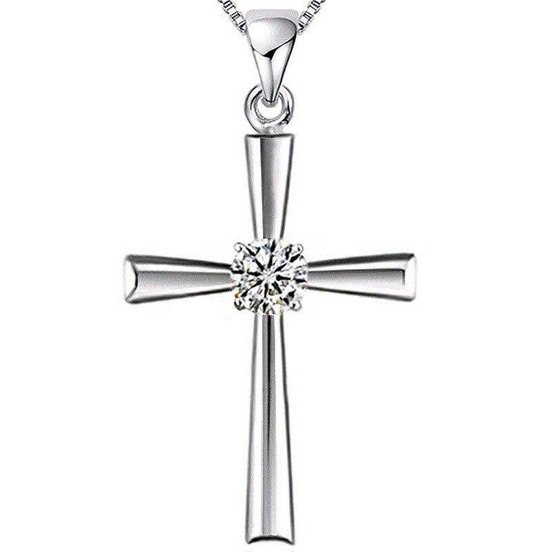 Smooth Silver Catholic Cross Pendant with Cubic Zirconia Crystal-Necklaces-Innovato Design-Innovato Design