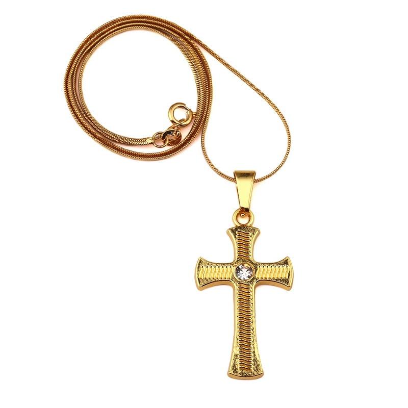 Gold Plated Rhinestone Catholic Cross Pendant Necklace-Necklaces-Innovato Design-Innovato Design