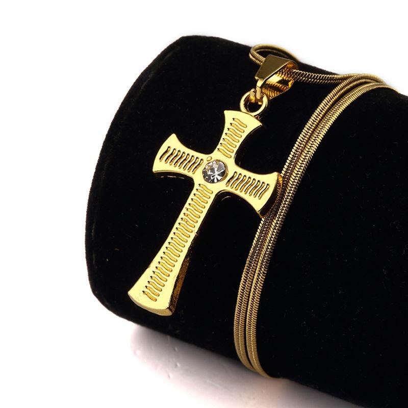 Gold Plated Rhinestone Catholic Cross Pendant Necklace-Necklaces-Innovato Design-Innovato Design