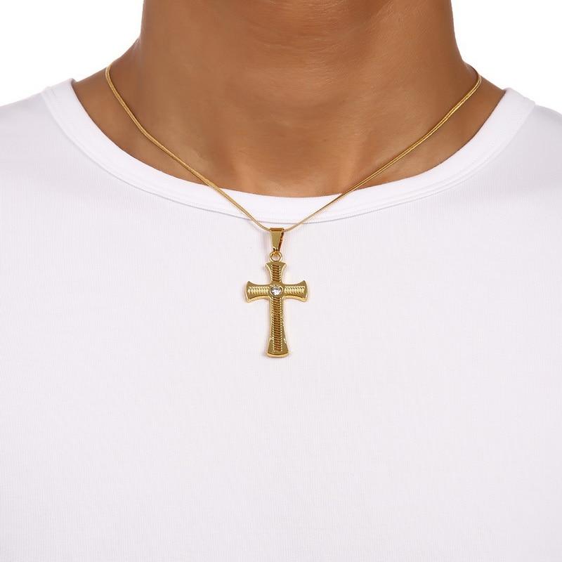 Gold Plated Rhinestone Catholic Cross Pendant Necklace-Necklaces-Innovato Design-Innovato Design