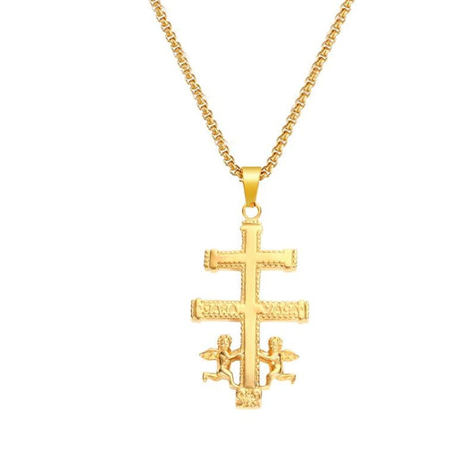 Golden 2-Beam Cross of Lorraine Ortodox Pendant with Angels-Necklaces-Innovato Design-Gold-Innovato Design