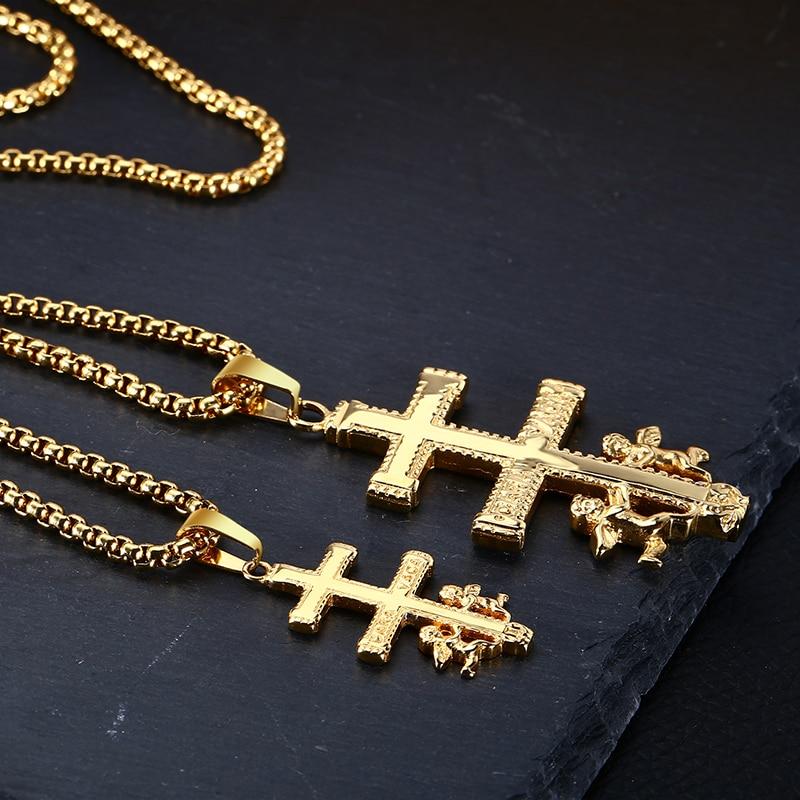 Golden 2-Beam Cross of Lorraine Ortodox Pendant with Angels-Necklaces-Innovato Design-Silver-Innovato Design