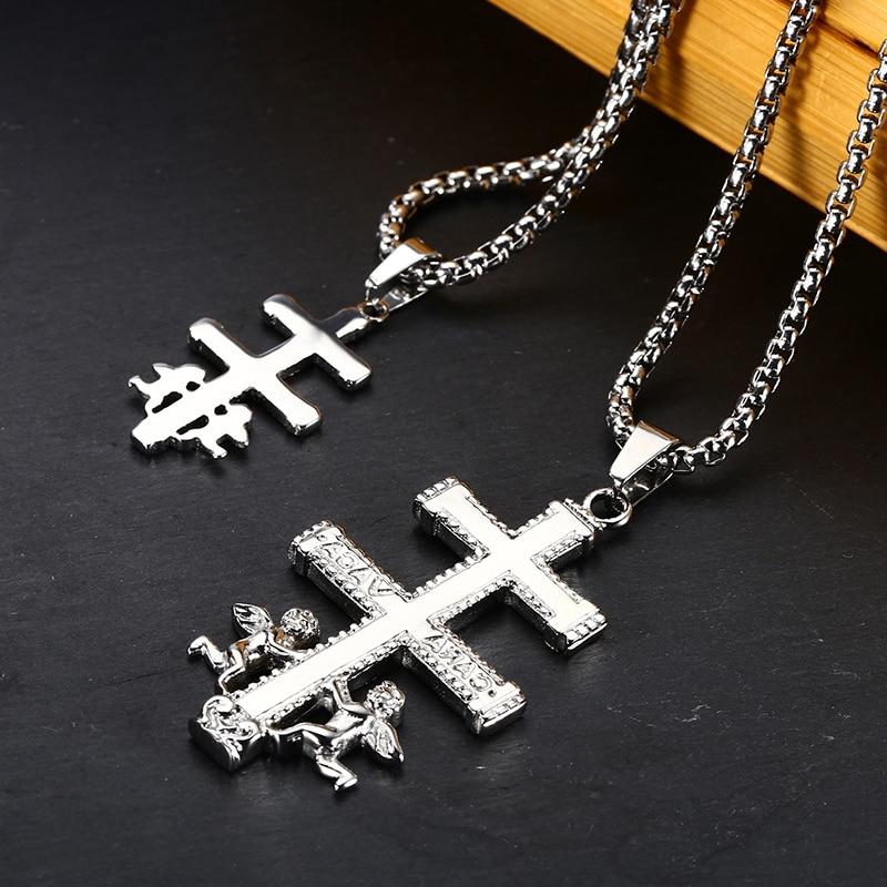 Golden 2-Beam Cross of Lorraine Ortodox Pendant with Angels-Necklaces-Innovato Design-Silver-Innovato Design