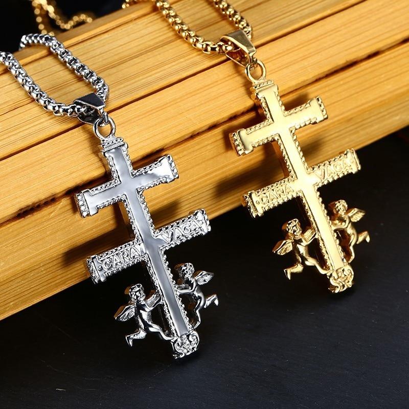 Golden 2-Beam Cross of Lorraine Ortodox Pendant with Angels-Necklaces-Innovato Design-Silver-Innovato Design