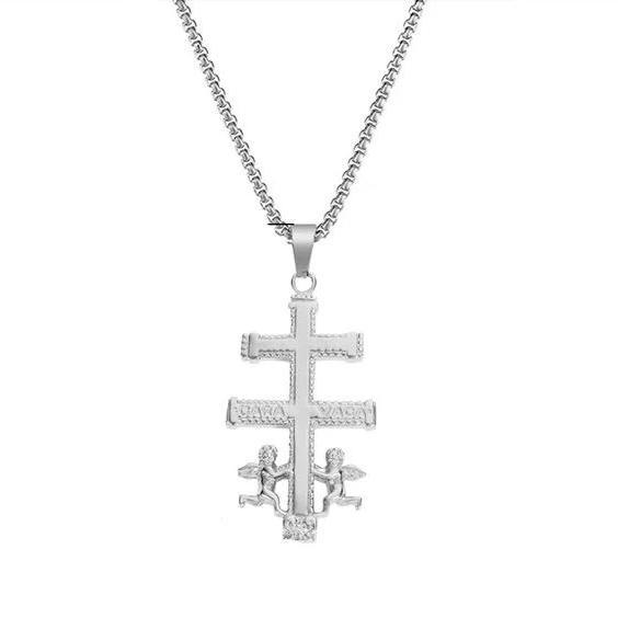 Golden 2-Beam Cross of Lorraine Ortodox Pendant with Angels-Necklaces-Innovato Design-Silver-Innovato Design