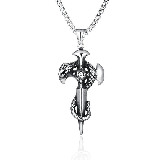 Stainless Steel Necklace and Sword Cross Pendant with Coiled Snake-Necklaces-Innovato Design-Silver-28"-Innovato Design