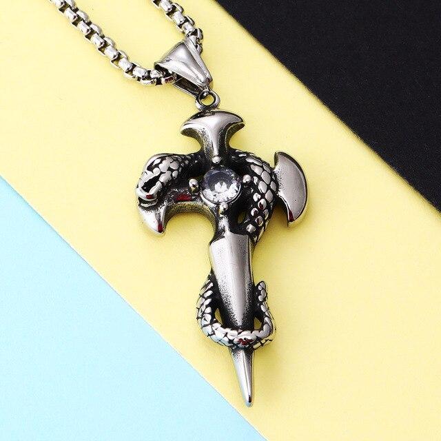 Stainless Steel Necklace and Sword Cross Pendant with Coiled Snake-Necklaces-Innovato Design-Red-28"-Innovato Design