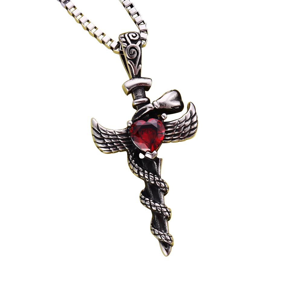 Stainless Steel Necklace and Sword Cross Pendant with Coiled Snake-Necklaces-Innovato Design-Red-28"-Innovato Design