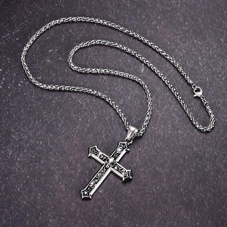 Stainless Steel Skull and Rose Cross Pendant Chain Necklace-Necklaces-Innovato Design-Innovato Design