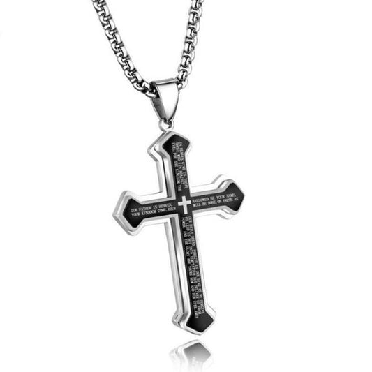 Lord's Prayer Silver Cross Pendant with Black Inlay Necklace-Necklaces-Innovato Design-Innovato Design
