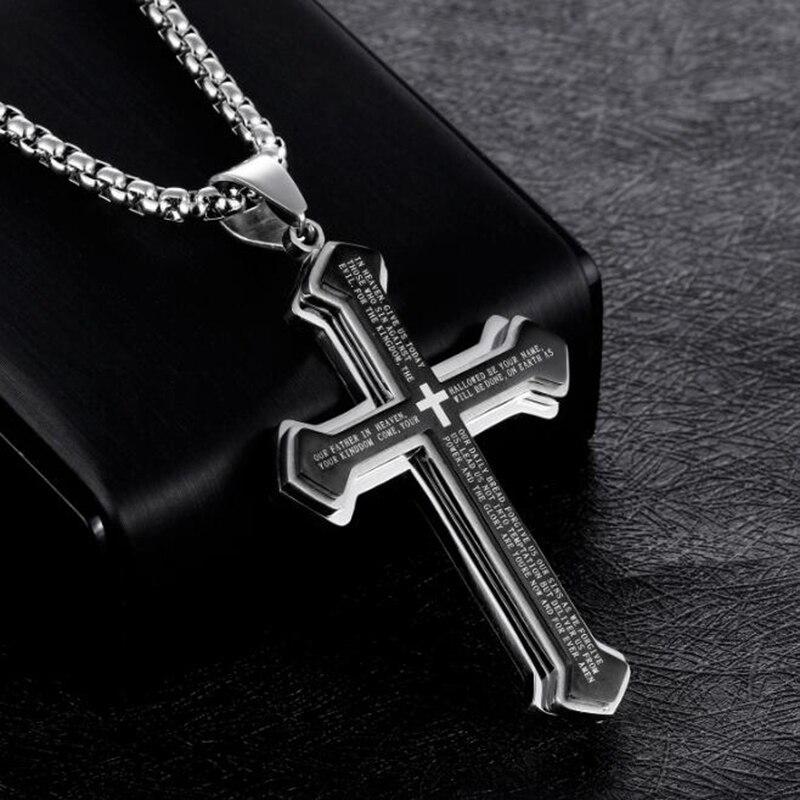 Lord's Prayer Silver Cross Pendant with Black Inlay Necklace-Necklaces-Innovato Design-Innovato Design