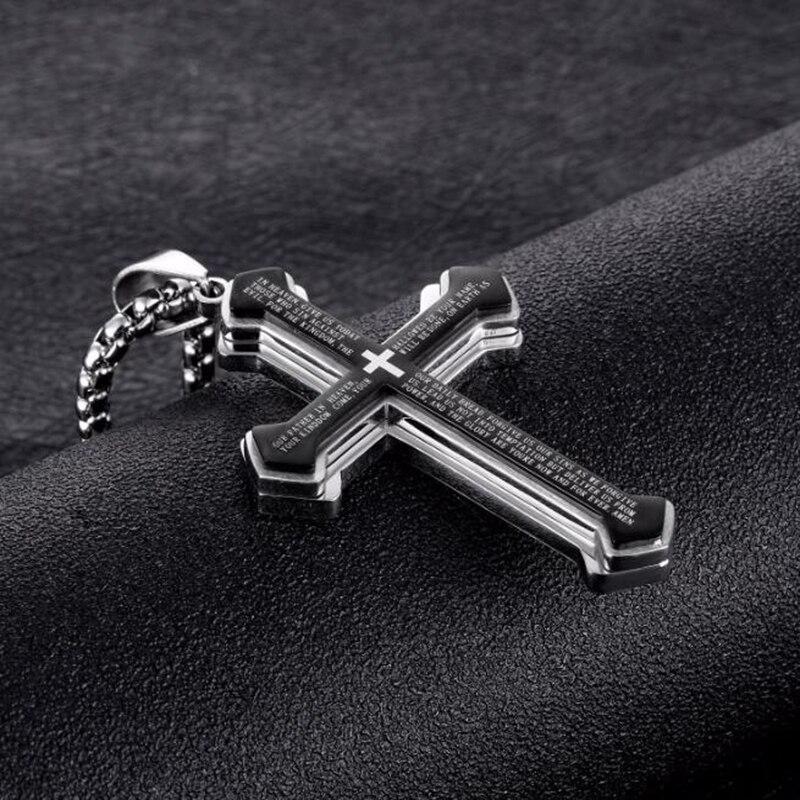 Lord's Prayer Silver Cross Pendant with Black Inlay Necklace-Necklaces-Innovato Design-Innovato Design
