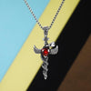 Silver Winged Sword Cross and Snake Pendant with Crystal Heart Necklace - InnovatoDesign