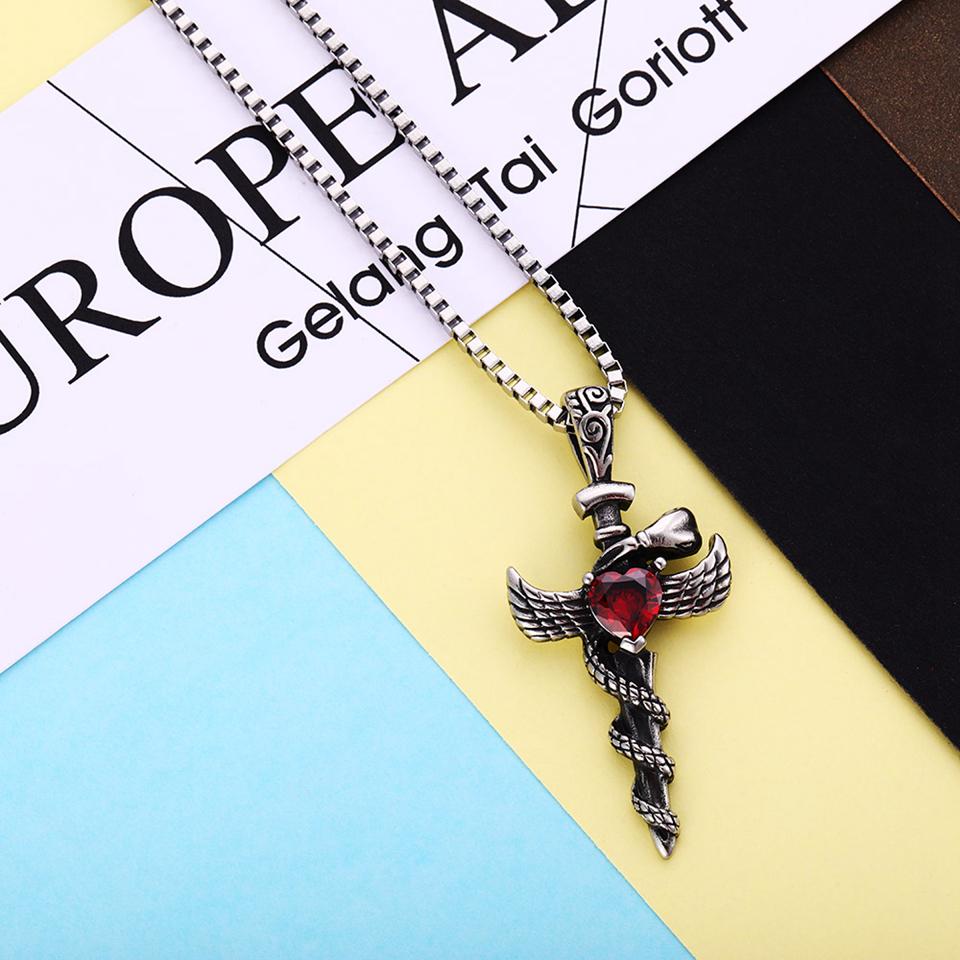 Silver Winged Sword Cross and Snake Pendant with Crystal Heart Necklace-Necklaces-Innovato Design-Innovato Design