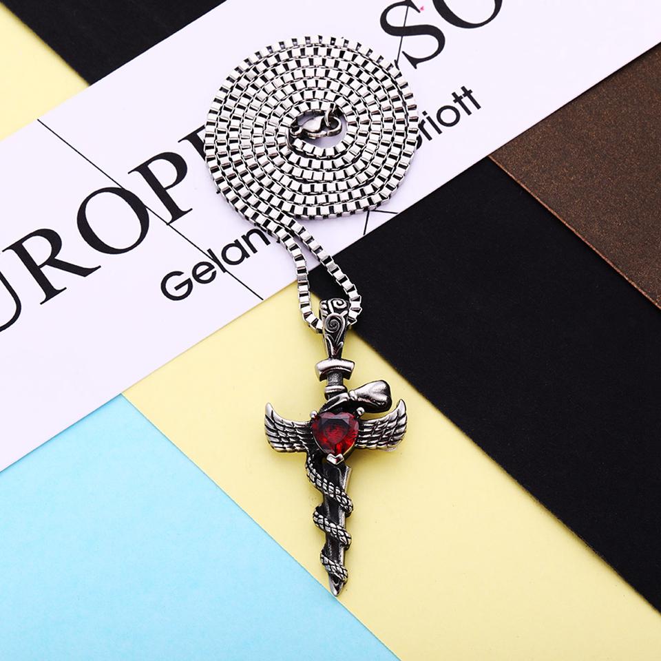Silver Winged Sword Cross and Snake Pendant with Crystal Heart Necklace-Necklaces-Innovato Design-Innovato Design