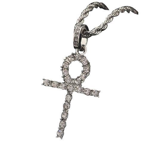 Thin Metallic Ankh Cross Pendant with Iced Rhinestones Necklace-Necklaces-Innovato Design-Silver-30inch-Innovato Design